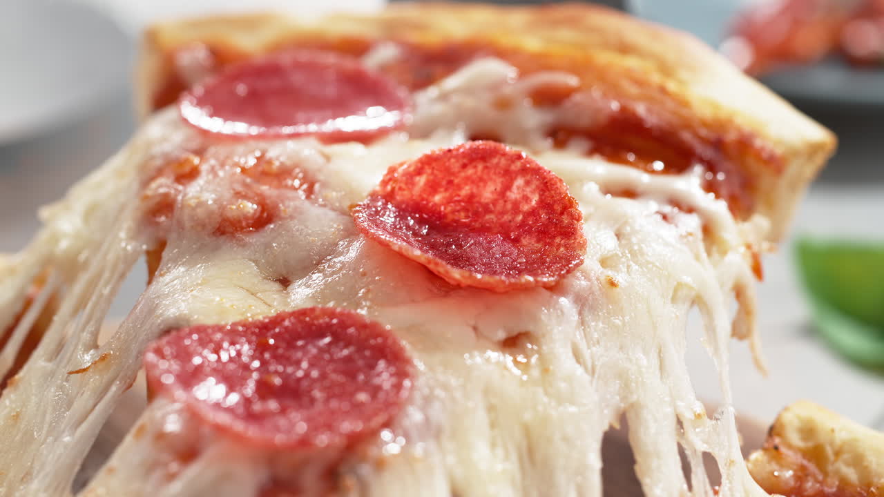 queso mozzarella elástico derretido y salami encima de una rebanada de pizza de pepperoni levantada con una espátula en macro y cámara lenta