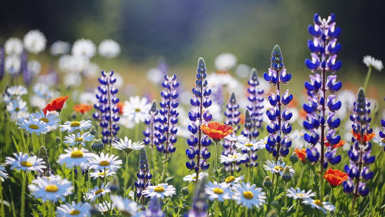 Prise de vue en contre-plongée de fleurs sauvages éclatantes dans une prairie, présentant des marguerites et des lupins