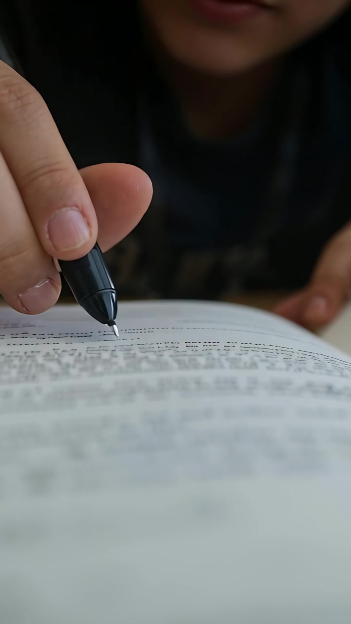 Vertical video: Hovering black pen starting student tracing page at desk, studying, wearing hoodie
