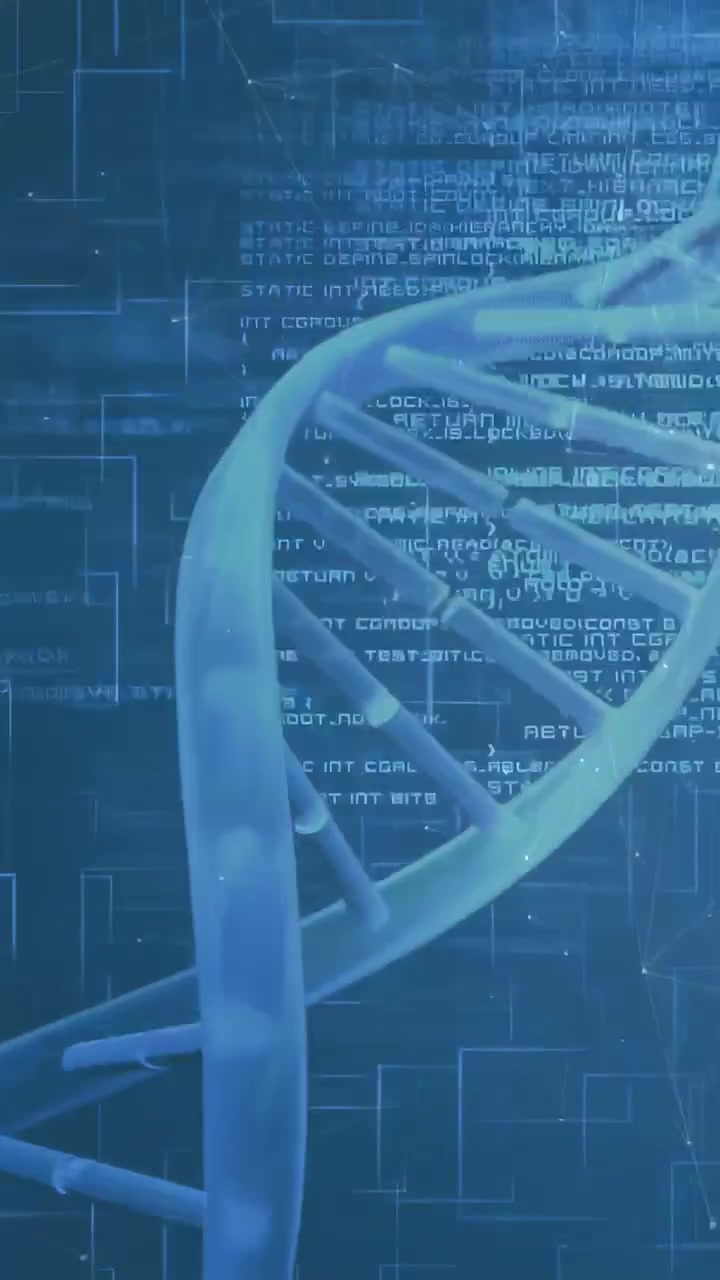Vertical video: DNA helix rotating while camera zooming, nodes moving and code rising for biotech