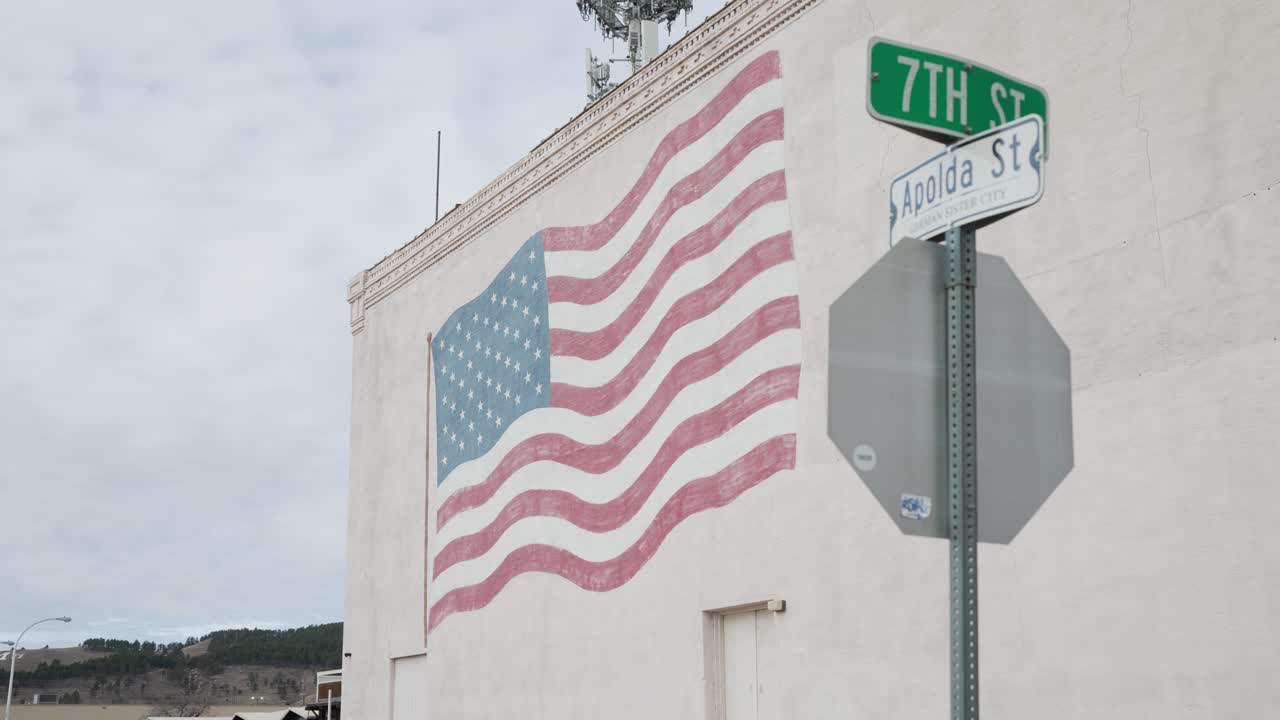 A United States flag mural on the side of the building in Rapid City, South Dakota