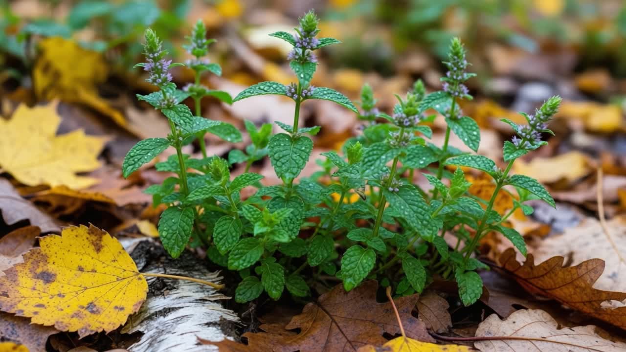 A Lush Green Herb Surrounded by Autumn Leaves, Showcasing Its Delicate Leaves and Blossoms Amidst the Changing Seasons in a Forest Floor Setting