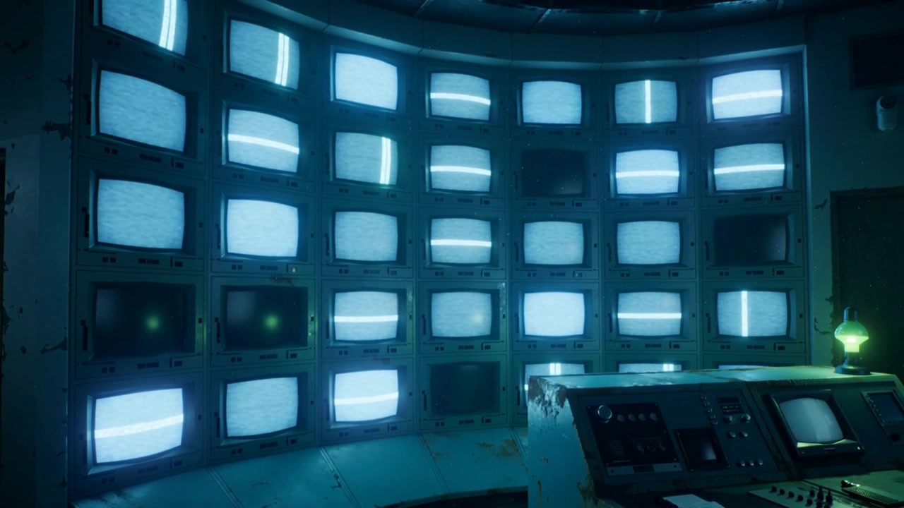 Flickering curved CRT wall showing scans in control room, signal glitch causing rusted console lamp