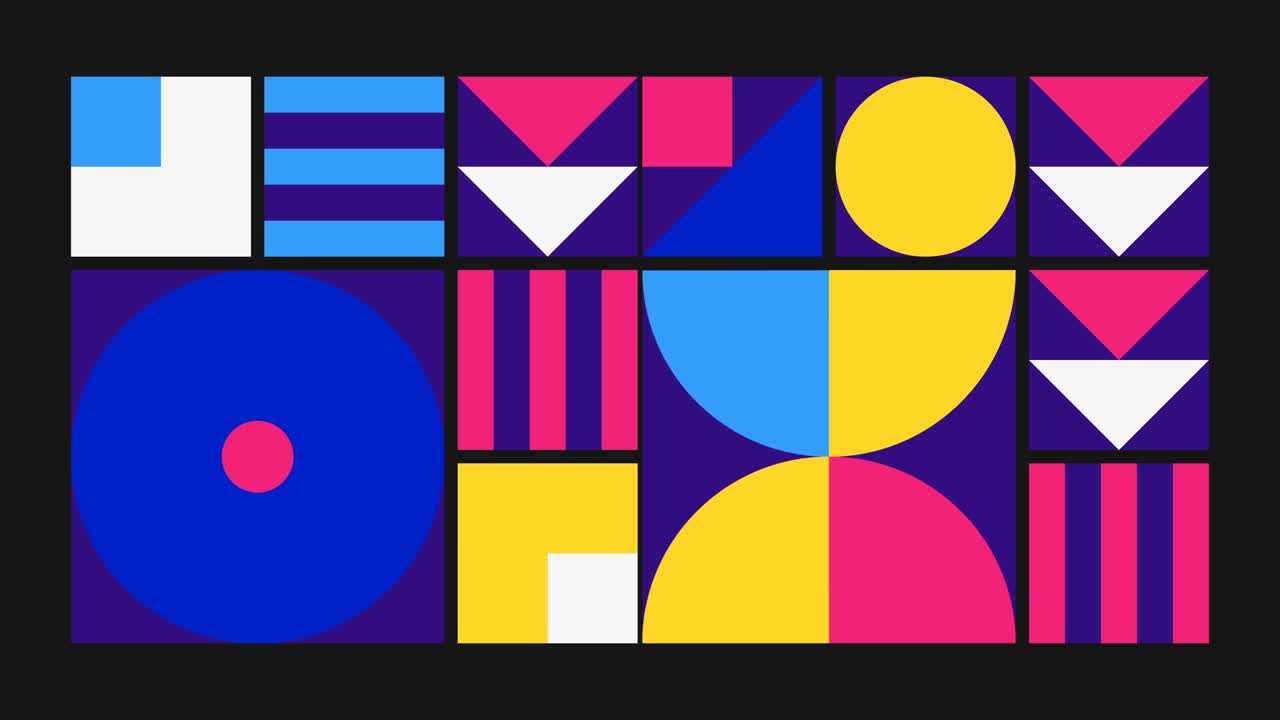 bucle de patrón geométrico. círculos, cuadrados animación. fondo abstracto modernista. estilo de diseño de bauhaus. azul, blanco, rosa, púrpura, amarillo.