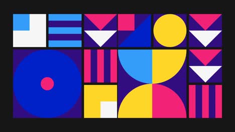 geometric pattern loop. circles, squares animation. modernist abstract background. bauhaus design style. blue, white, pink, purple, yellow.