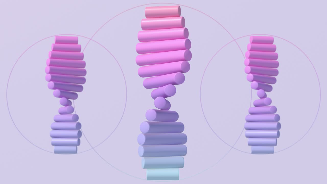 Three colorful spirals. Group of glossy cylinders. Abstract animation, 3d render.