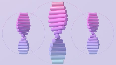 three colorful spirals. group of glossy cylinders. abstract animation, 3d render.