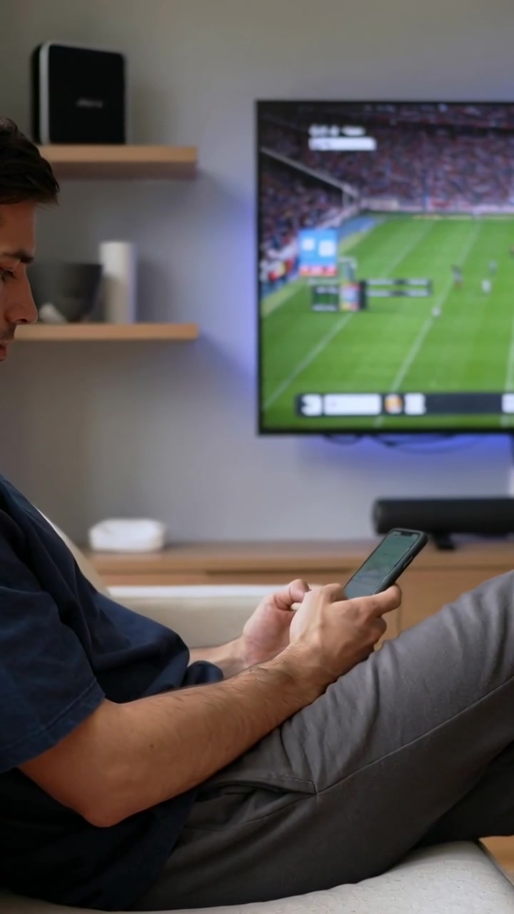 Video verticale: Uomo in maglietta blu scuro che scorre il telefono mentre guarda la TV a casa che mostra una partita di calcio.