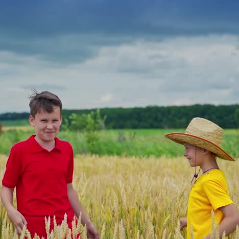 elder brother puts straw hat on younger kid head. video from the field. outdoor video. gold wheat and blue cloudy sky.