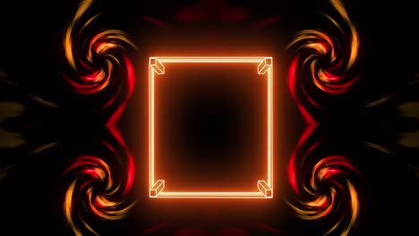 Animation-of-glowing-orange-square-frame-and-four-rotating-spirals-on-black-background