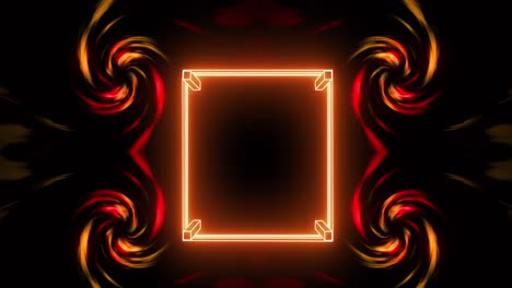 animation of glowing orange square frame and four rotating spirals on black background