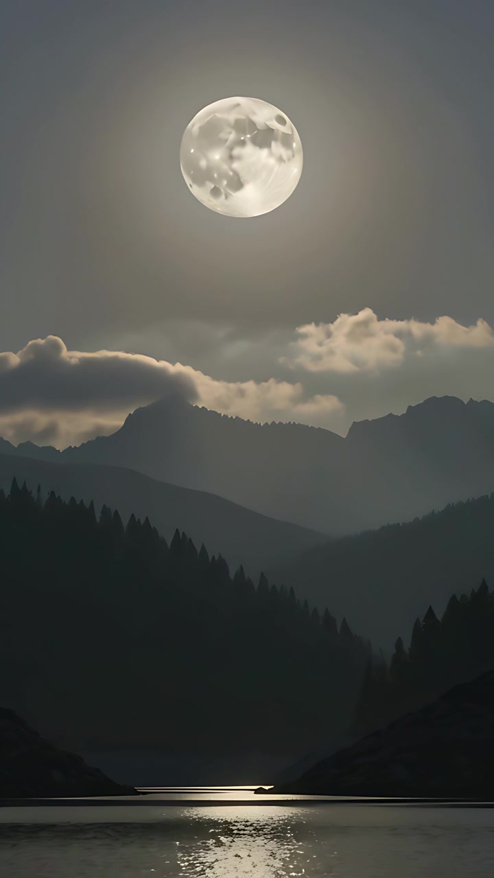 Video verticale: Luna piena che illumina creste e una macchia luminosa sul lago, vento che spinge le nuvole
