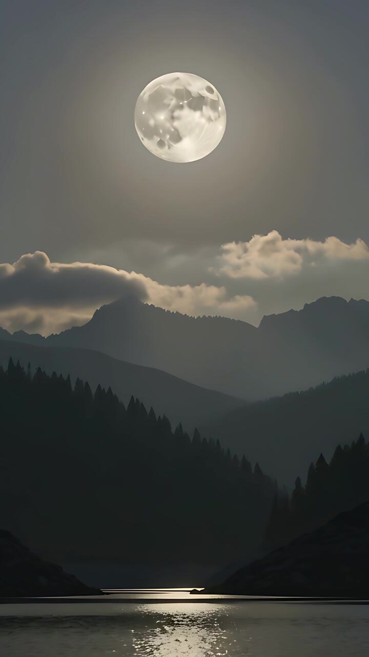 Video verticale: Luna piena che illumina creste e una macchia luminosa sul lago, vento che spinge le nuvole