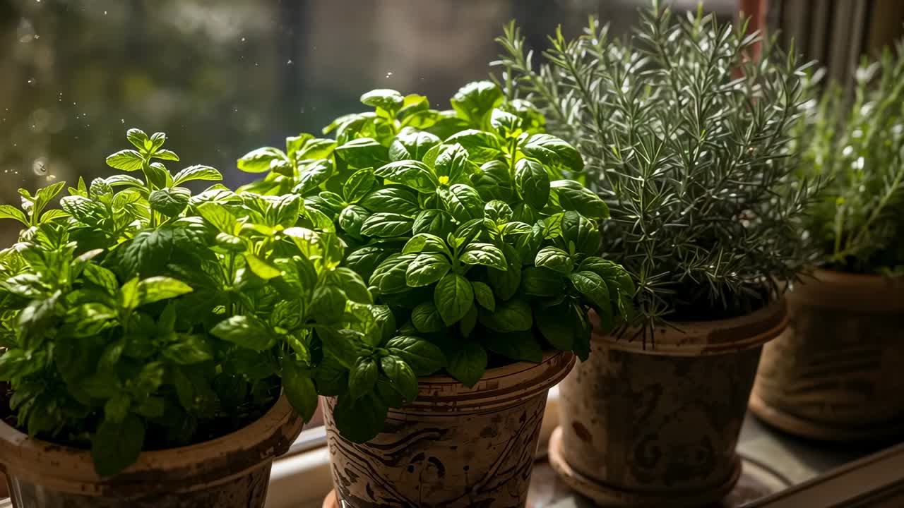 Sliding camera panning windowsill, refocusing on three ceramic herb pots, highlighting leaf texture