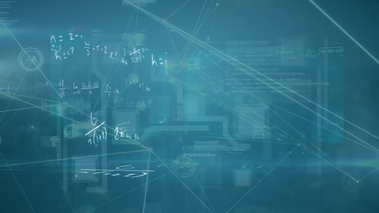 ecuaciones matemáticas y procesamiento de datos contra un fondo azul
