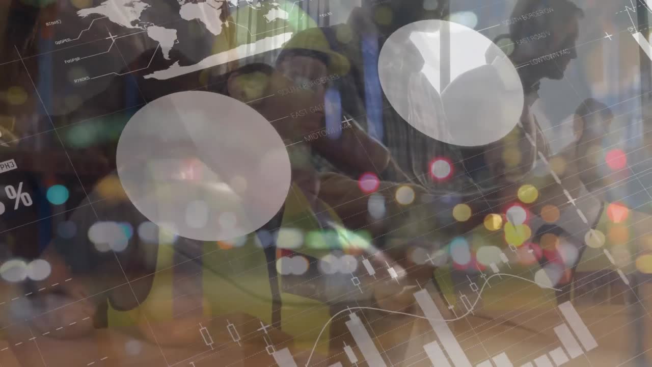 태블릿을 사용하는 노동자들에 대한 애니메이션 통계 및 금융 데이터 처리