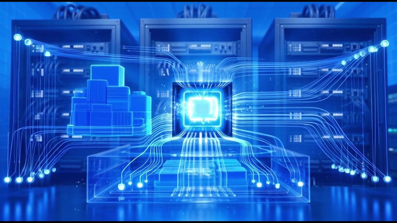 Digital Processor Chip Processing Data in Server Room