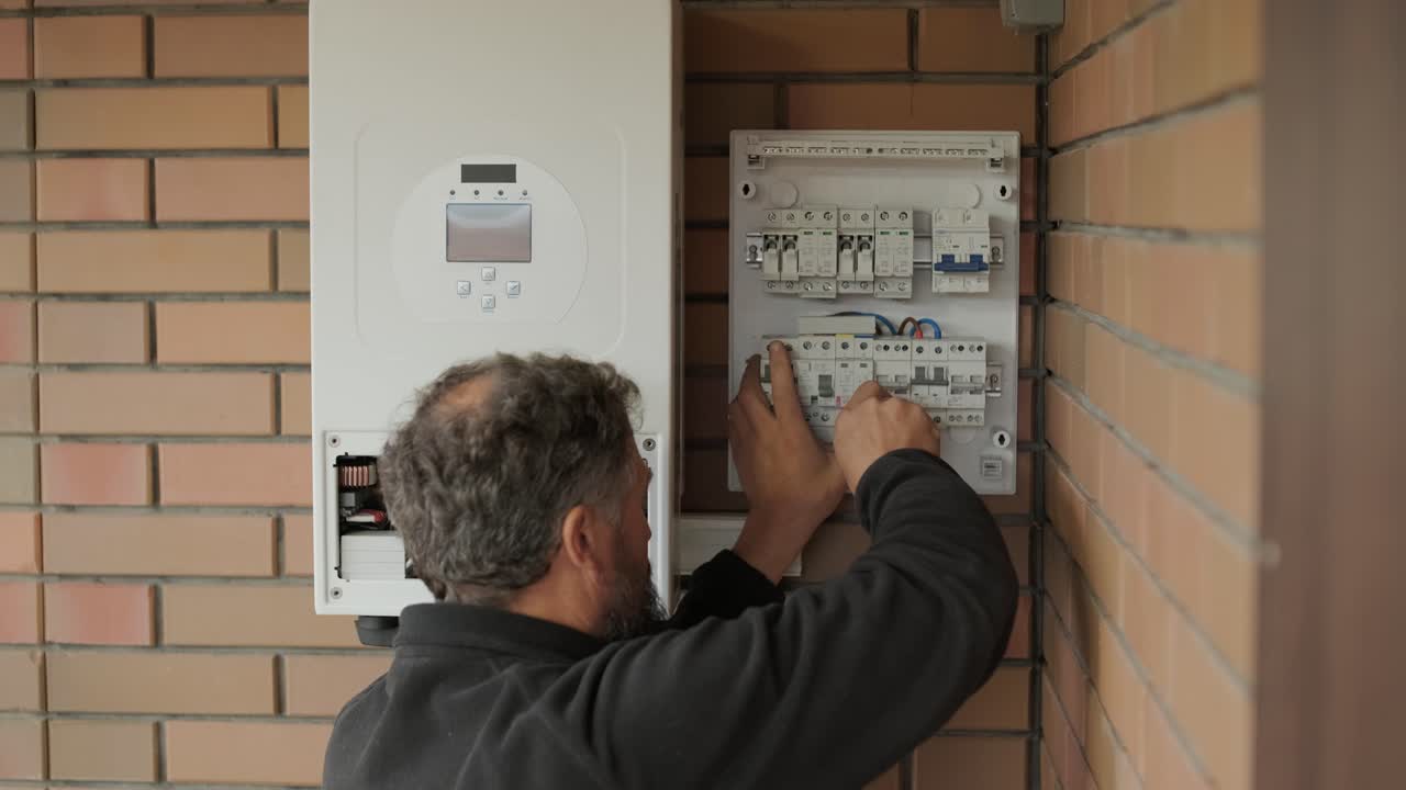 un electricista instalando un inversor en un hogar. la imagen muestra habilidad técnica, herramientas modernas y atención a la seguridad en el trabajo eléctrico