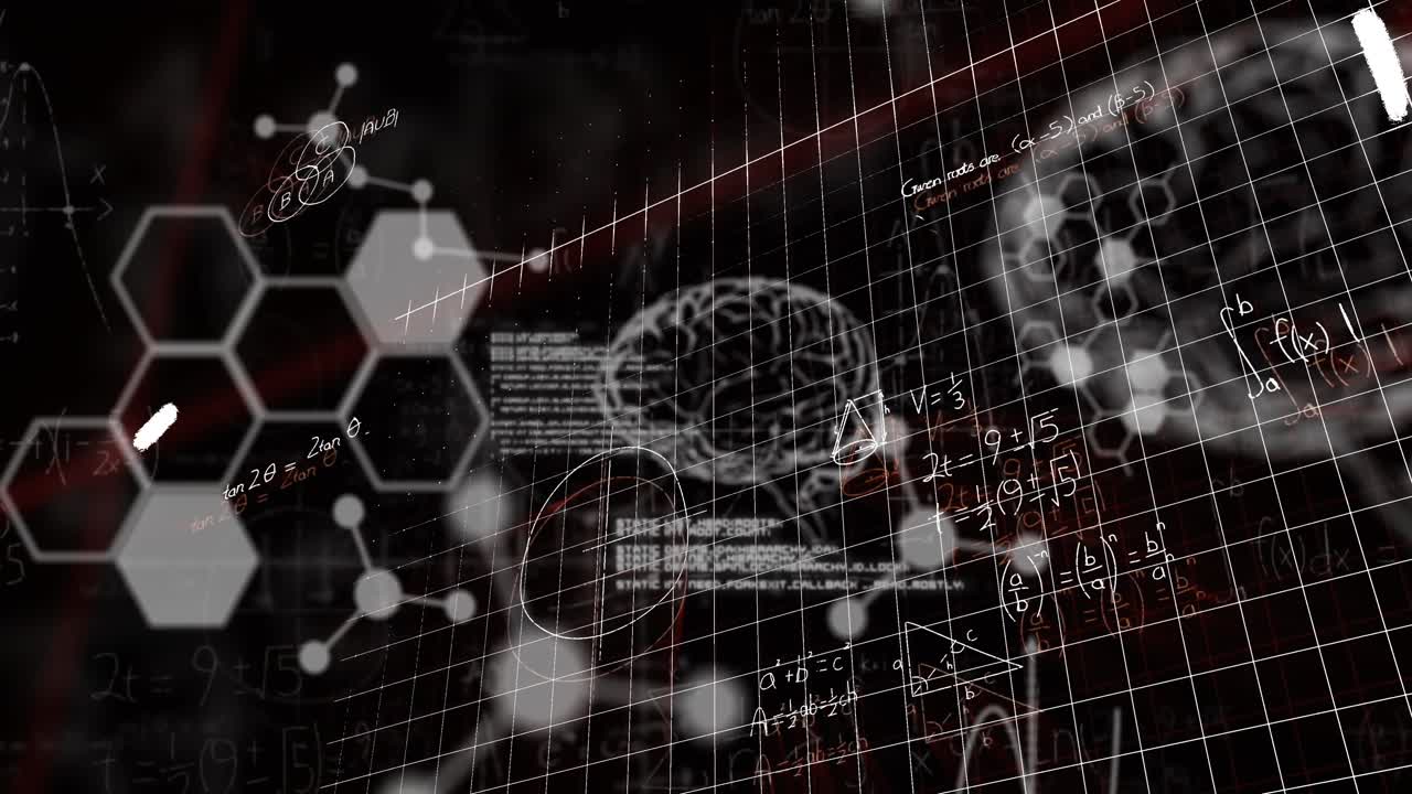Animation of digital screen with scientific data, brain and math formulas on black background