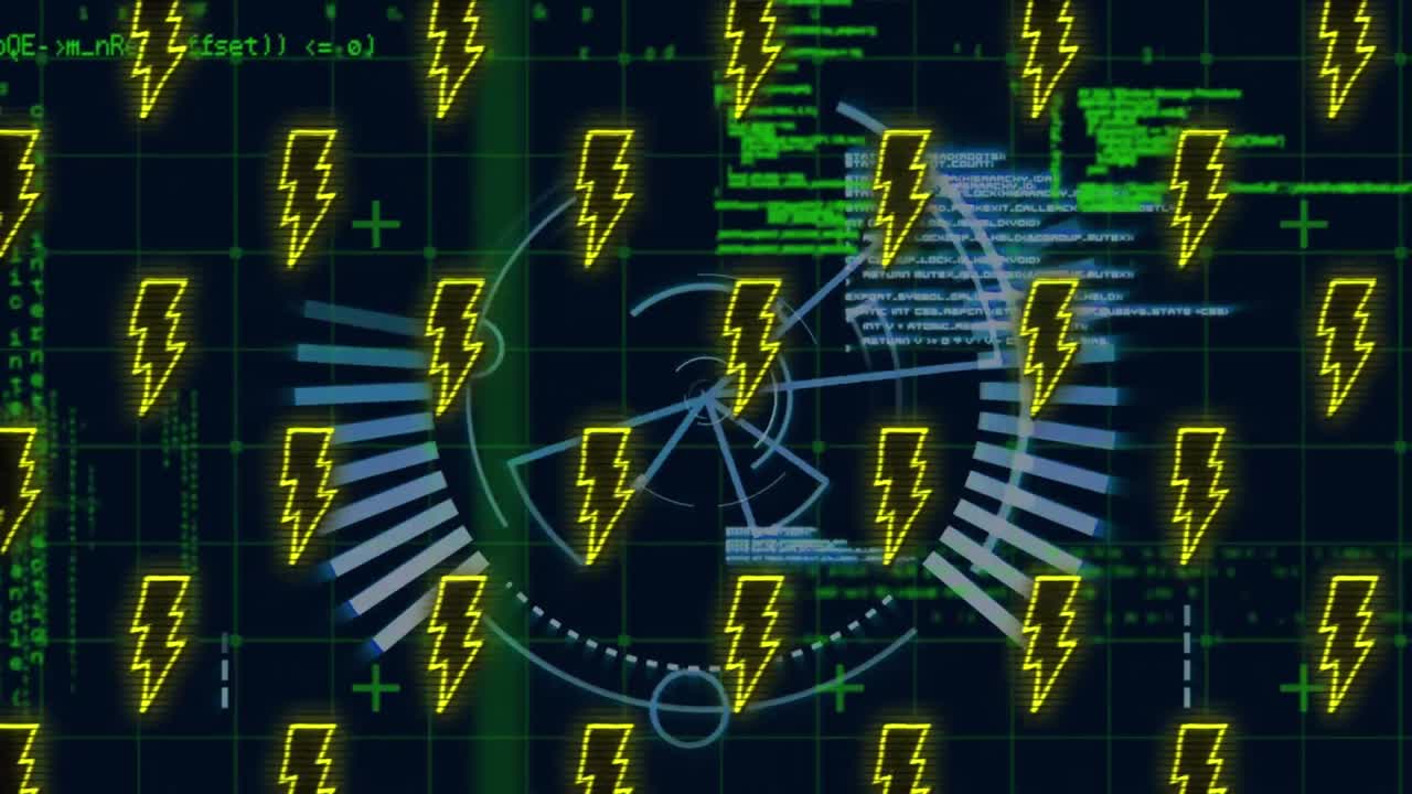 animación de iconos de relámpago sobre procesamiento de datos y escaneo de alcance en fondo negro