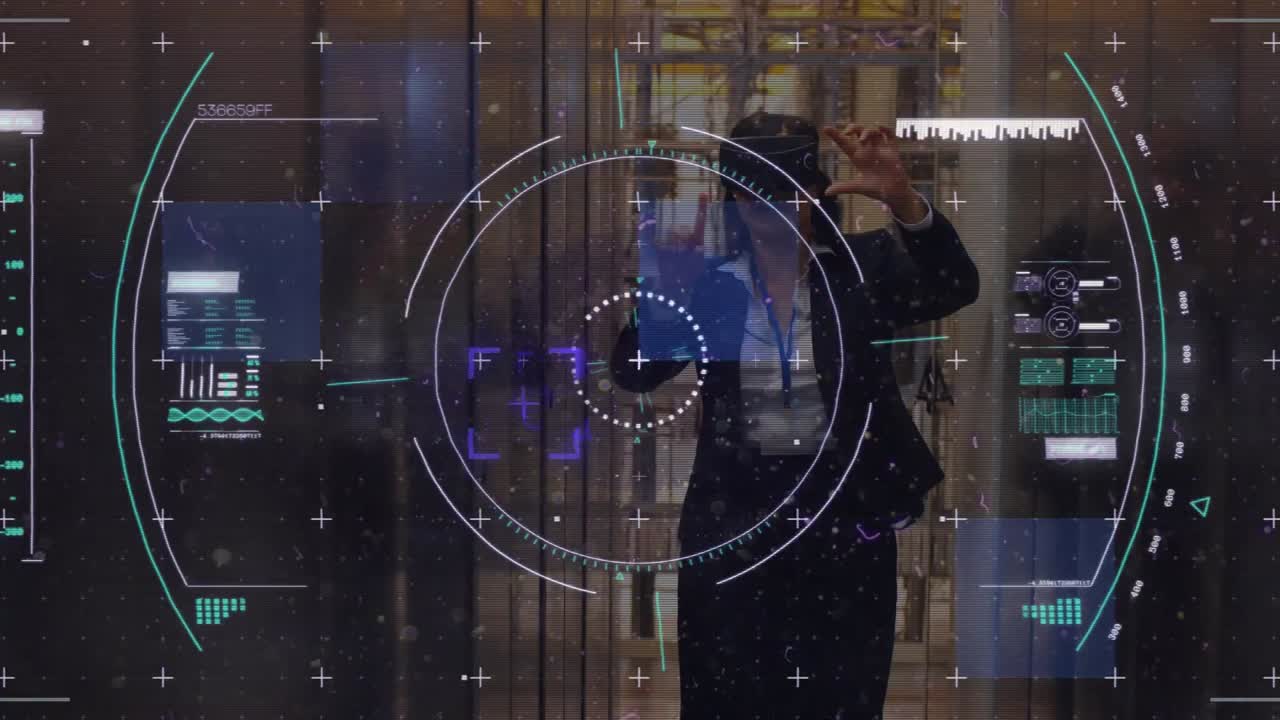 Data processing and scope scanning over woman gesturing while wearing vr headset at office