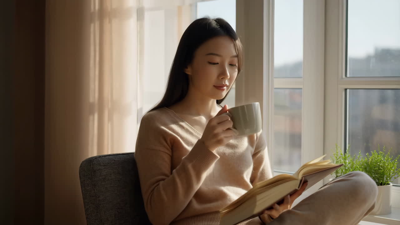 Woman reading a book while drinking coffee by the window