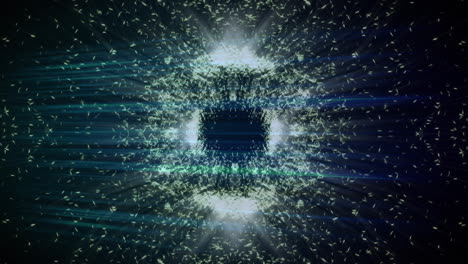 animation of glowing white particles moving in circular motion over blue light beams, on black