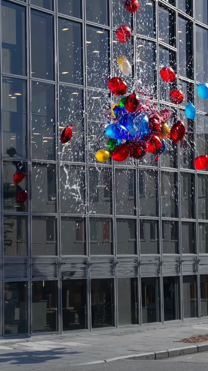 Water balloons bursting against a modern glass building, sending vibrant splashes of color and shimmering droplets across the sleek facade, creating a lively and dynamic scene