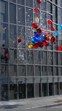 water balloons bursting against a modern glass building, sending vibrant splashes of color and shimmering droplets across the sleek facade, creating a lively and dynamic scene