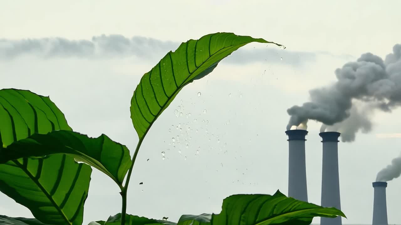 녹색 잎에서 방울이 떨어지는 반면, 산업용 굴은 배경에서 연기를 방출하여 환경에 대한 우려를 강조합니다.