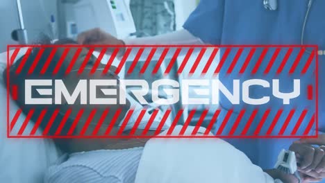 Emergency-text-against-doctor-treating-patient-in-hospital