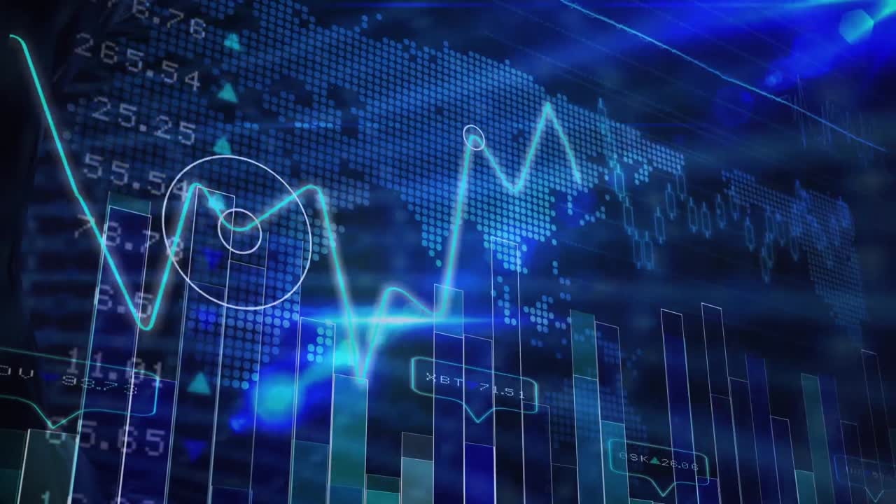 grafici di dati e grafici animati contro una mappa del mondo