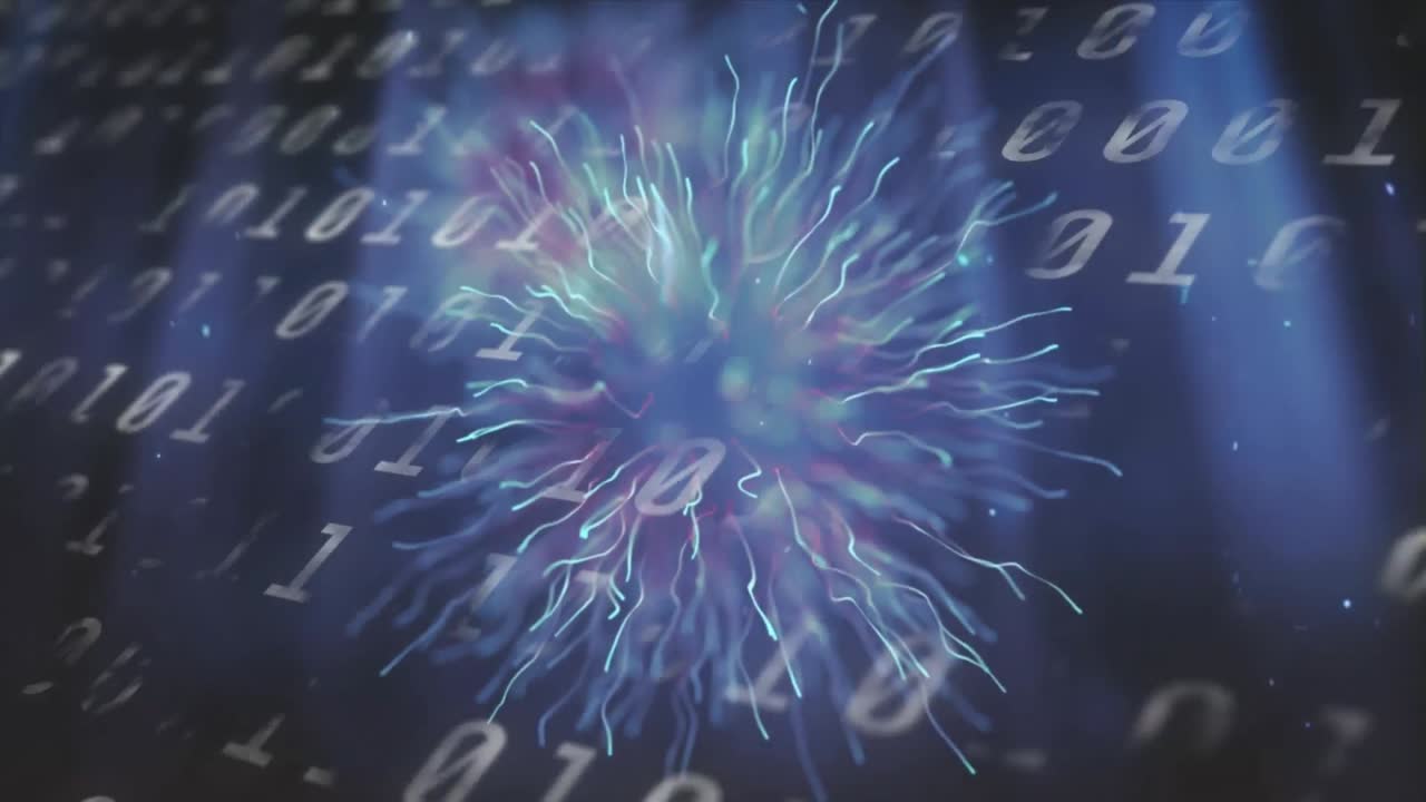 Light trails against binary coding data processing against blue background