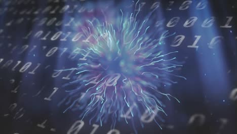 rastros de luz contra el procesamiento de datos de codificación binaria contra un fondo azul