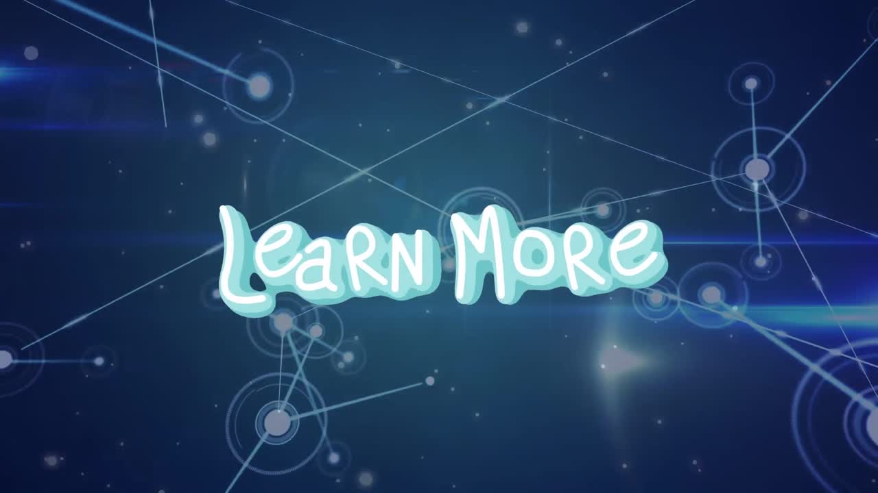 Animation of learn more text over network of connections on black background