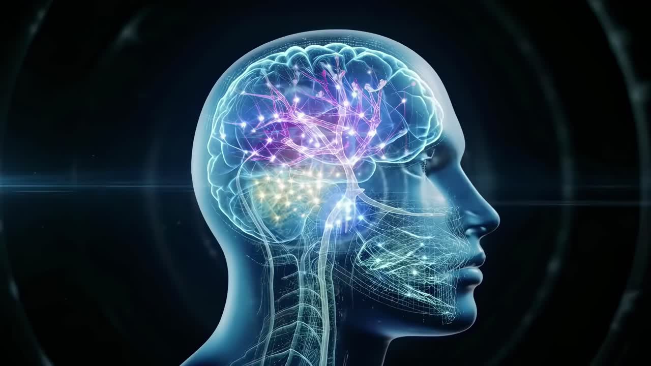 Concept video futuristico di un cervello digitale di profilo, con uno stile a rete neurale luminosa