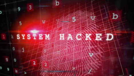 Animation-of-cyber-attack-warning-text-with-biometric-fingerprints-over-red-grid