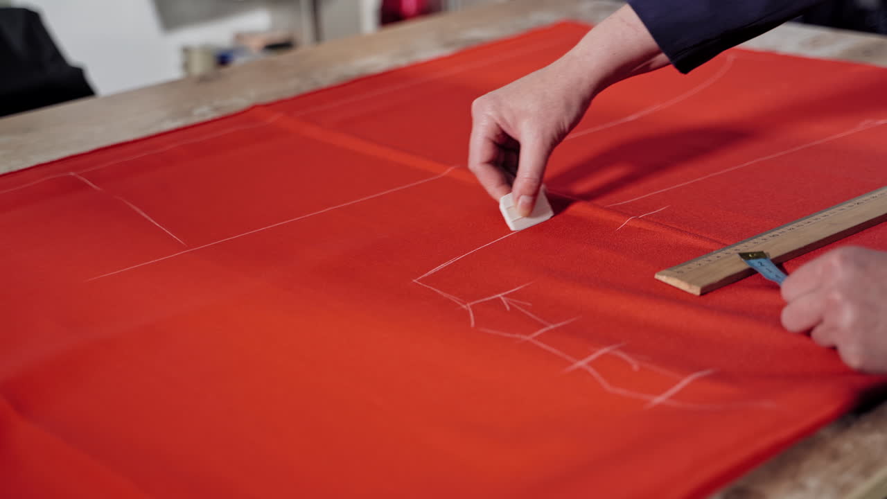 Seamstress working with pattern. View of seamstress measuring the material with a tape