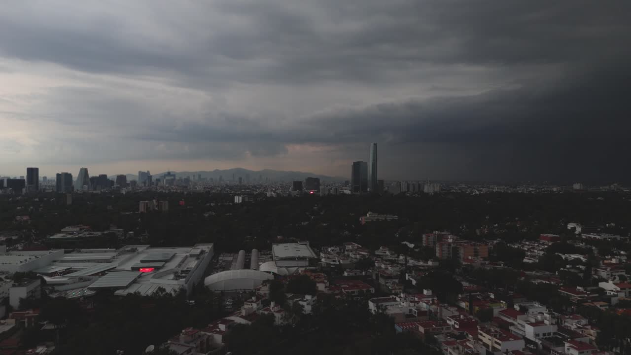 Aerial perspective of a summer storm and rainfall in Mexico City