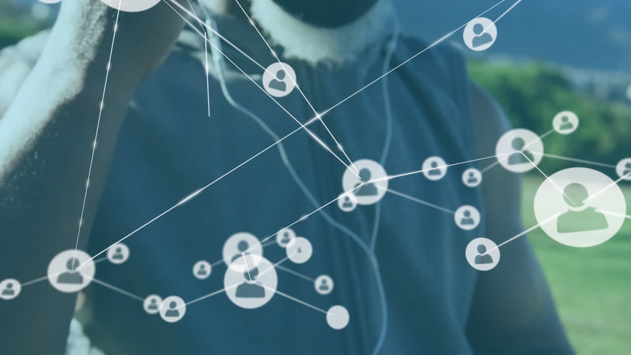 스마트폰을 사용하는 노인 아프리카계 미국인에 대한 연결 네트워크의 애니메이션