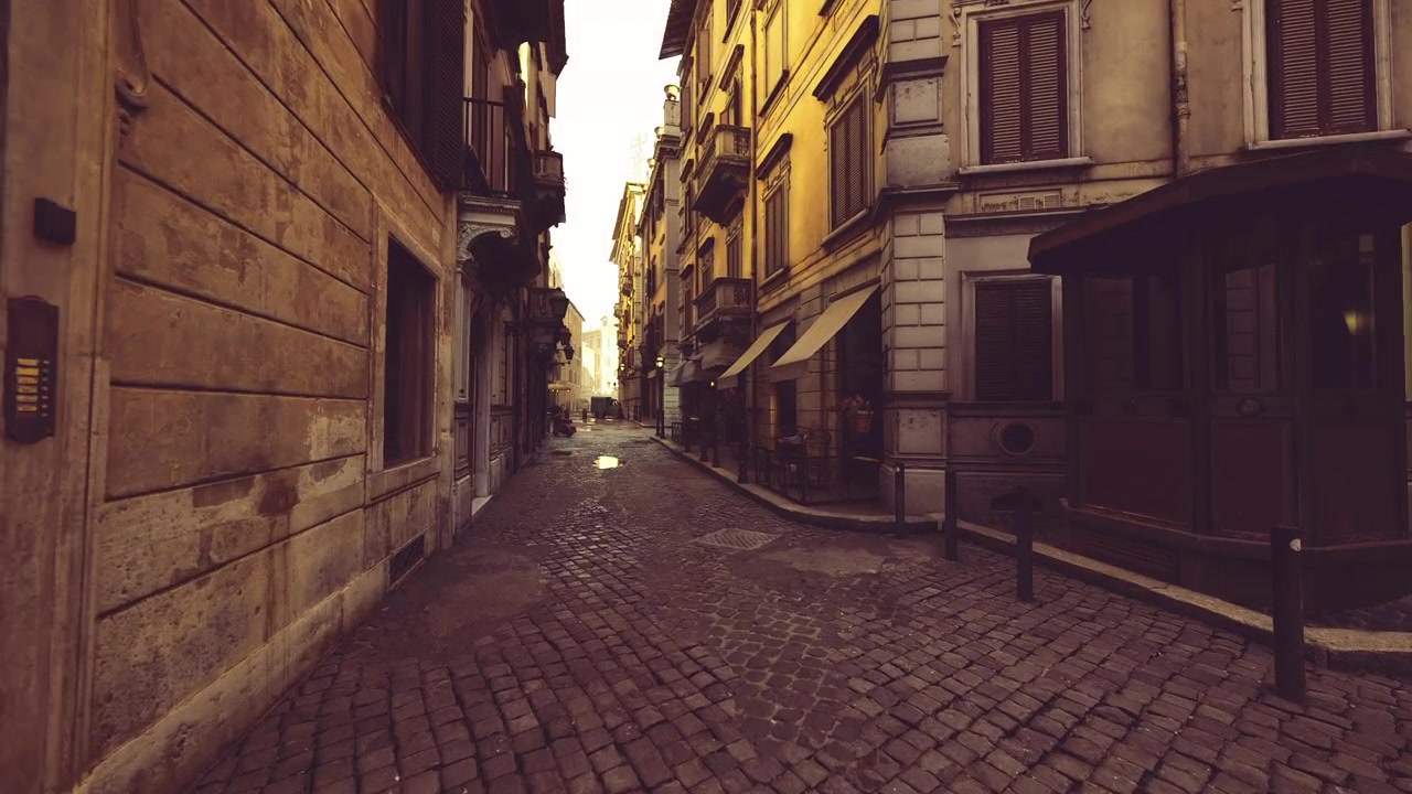 Tons âmbar suaves projetam sombras aconchegantes sobre uma cena de rua histórica
