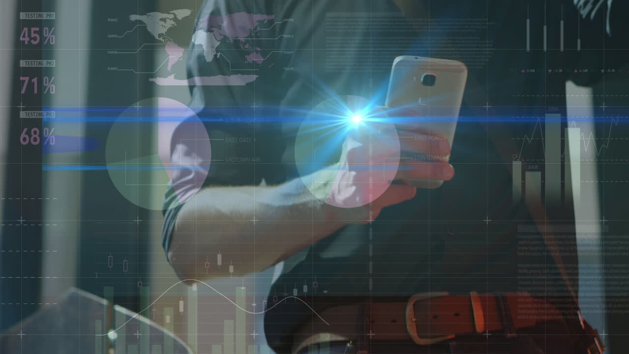 animación de gráficos sobre las manos de un hombre caucásico usando un teléfono inteligente