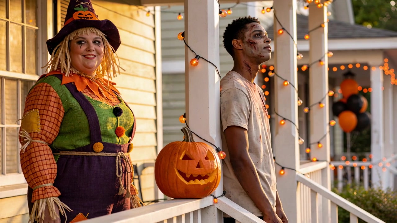 Sunset causing scarecrow woman and zombie makeup man greeting guests on porch, with pumpkin