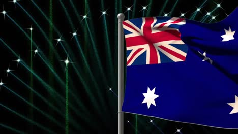 animation of flag of australia over fireworks on black background