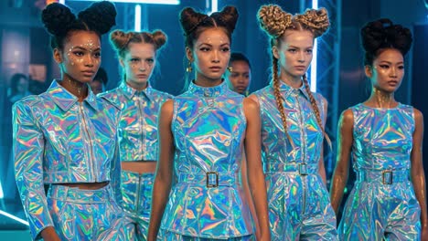 a vibrant display of fashion: models showcase dazzling iridescent outfits with unique hairstyles in a futuristic setting