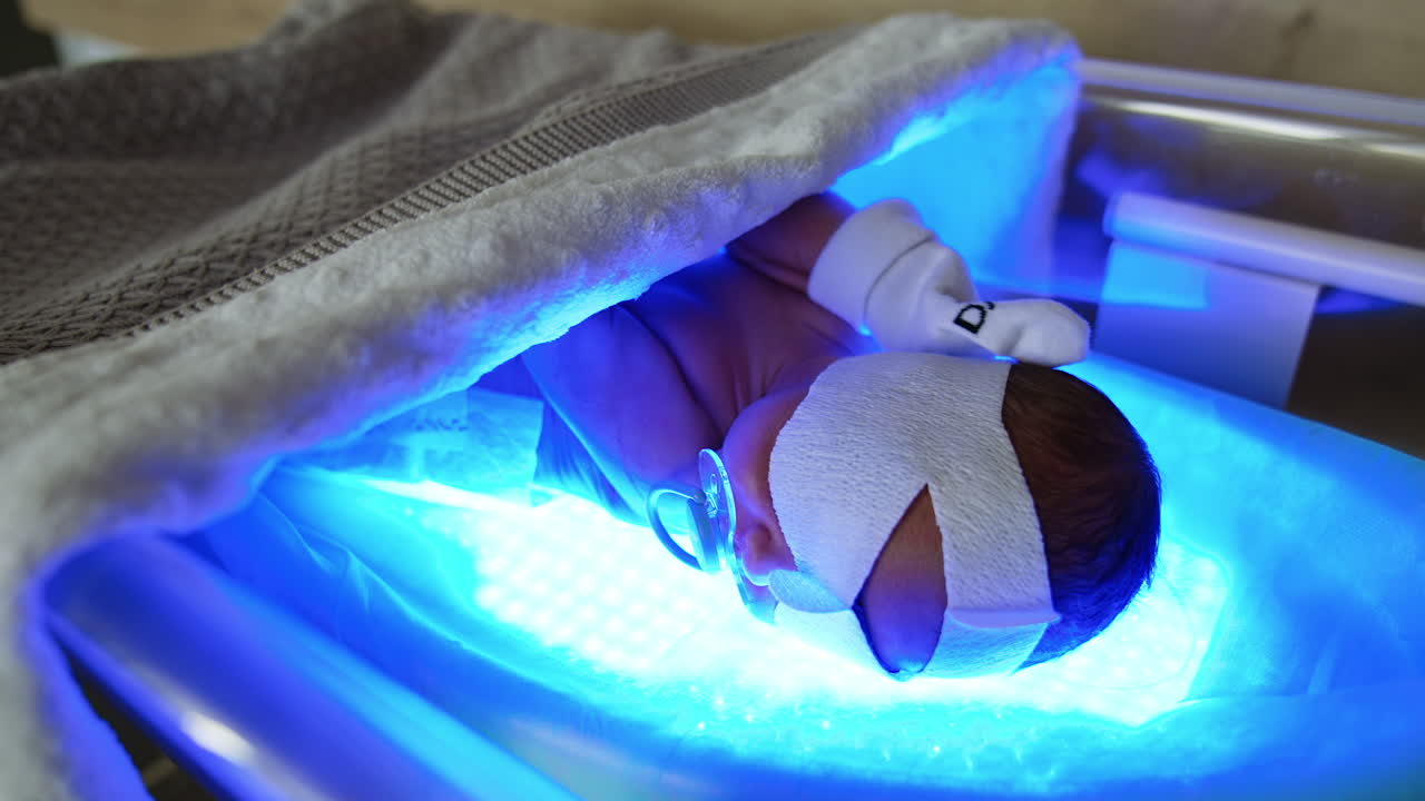 Adorable naked newborn in diaper and mittens lies in a crib. Baby is cured from neonatal jaundice by phototherapy.