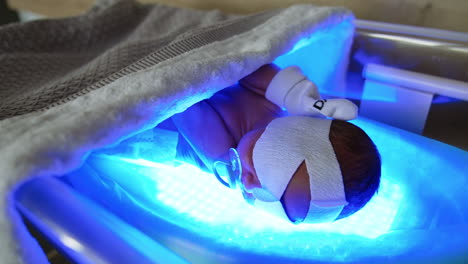 adorable naked newborn in diaper and mittens lies in a crib. baby is cured from neonatal jaundice by phototherapy.