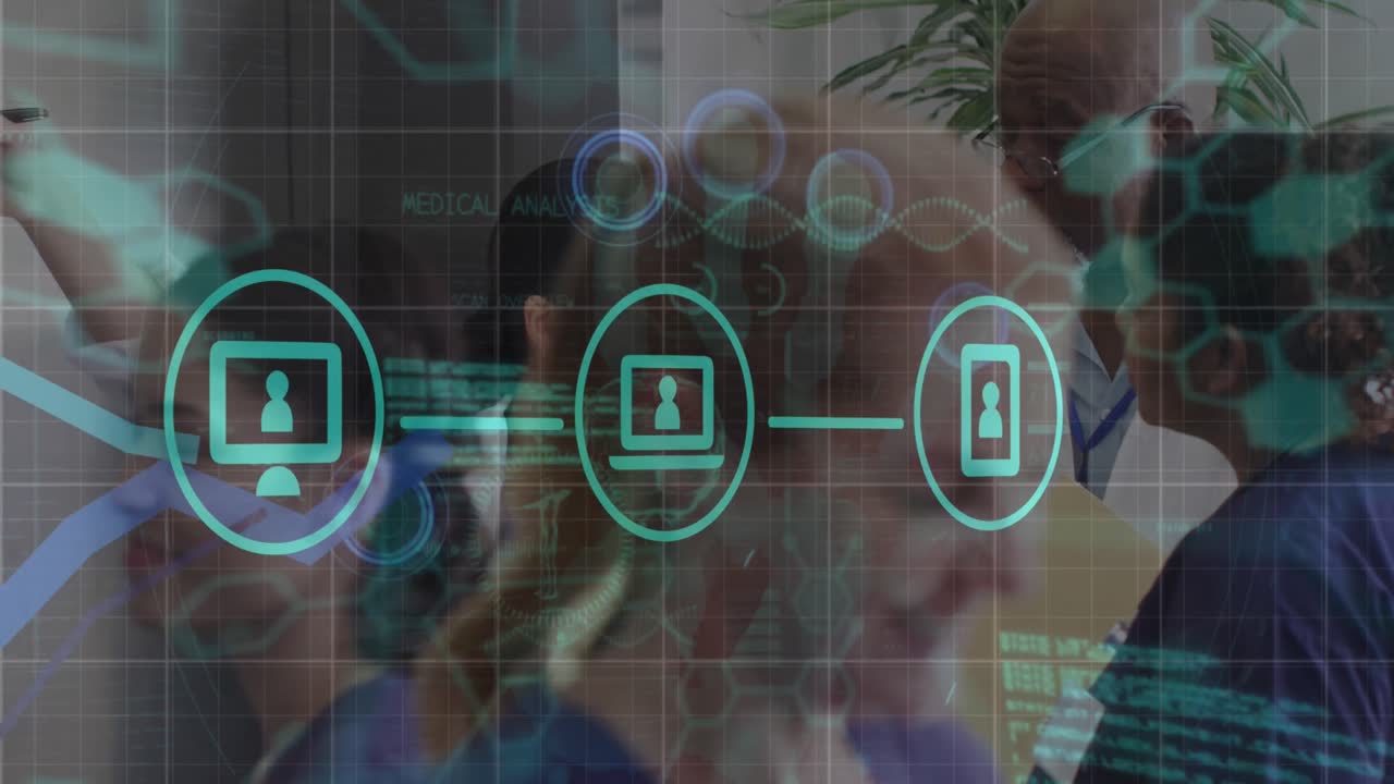 animación de iconos y procesamiento de datos en diversos médicos.