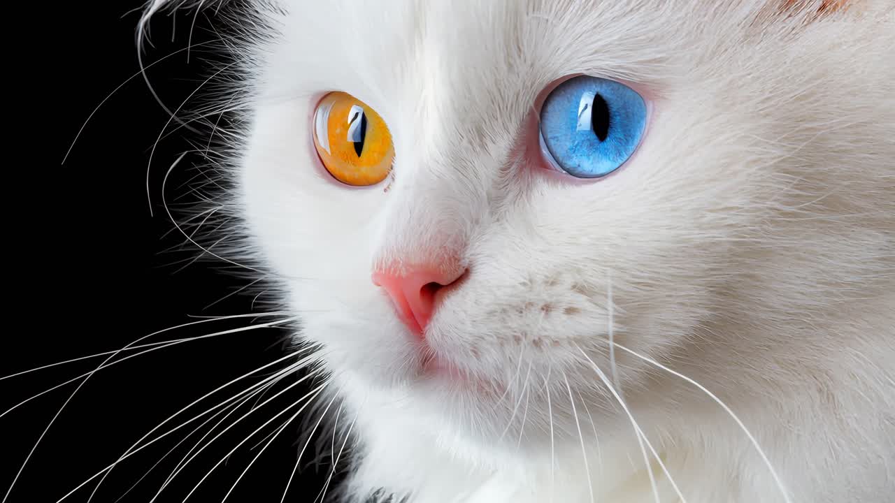 Gatto bianco e soffice con eterocromia, un occhio ambrato e uno blu, naso rosa, sfondo nero, ritratto da studio di un animale domestico. Il video è stato generato dalla mia foto reale