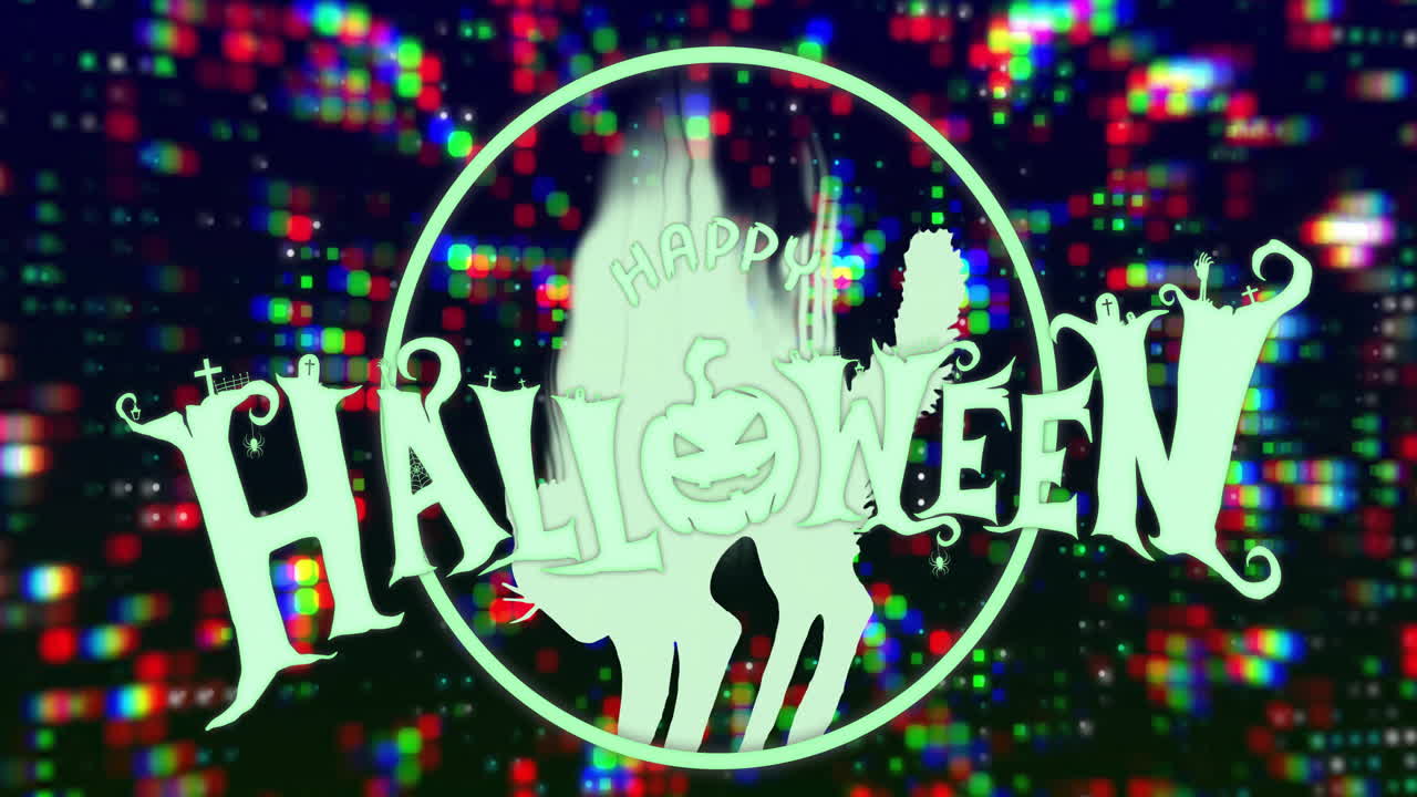 Halloween animation with pumpkin and ghost over colorful digital background